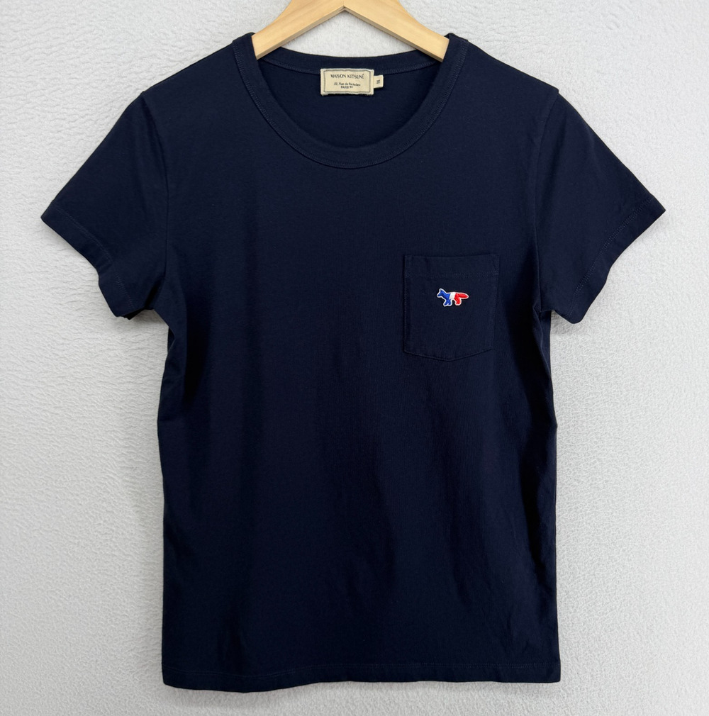 MAISON KITSUNE Top Mens M Tricolor Fox Patch Classic Pocket Tee Cotton Blue
